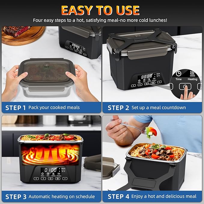 Cordless Electric Lunch Box, 1.2L Self Heating Lunch Box Battery Powered with Automatic Heating, BPA Free, Meal Prep Friendly (Black)