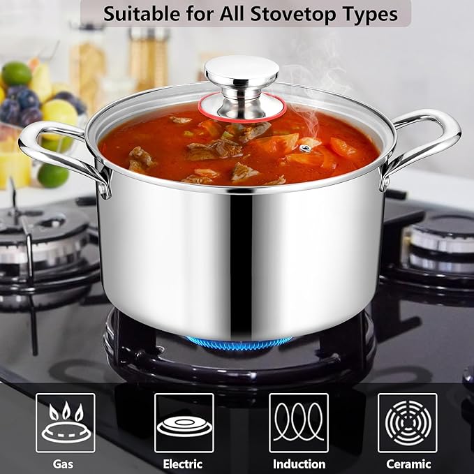 Homikit Tri-ply Stainless Steel Stockpot, 7.5 Quart Large Cooking Pot with Glass Lid, Kitchen Induction Soup Pasta Pot with Double Handle for Gas Electric Stoves, Oven and Dishwasher Safe