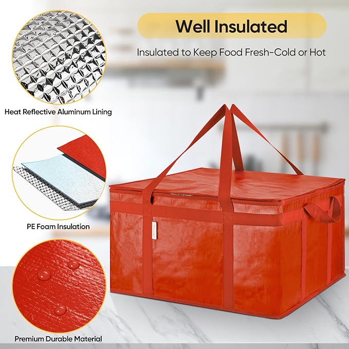 BALEINE 2Pk Insulated Reusable Grocery Bags, Collapsible Cooler Bag for Groceries, Heavy Duty Large Insulated Bag (19.5''x19.5''x11.5'', Bright Red)