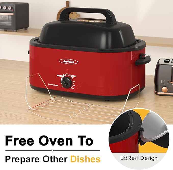 Sunvivi Roaster Oven, Electric Roaster Oven with Viewing Lid, 28lb 24-Quart Turkey Roaster with Unique Defrost/Warm Function, Large Roaster with Removable Pan & Rack, Stainless Steel, Red