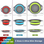 Collapsible Colander Set with Universal Draining Tray | 3-Pack Foldable Kitchen Strainers + Base | Space Saving for Pasta, Veggies, Fruit & Rice | 5 Colors (Gray-Blue-Red-Green)