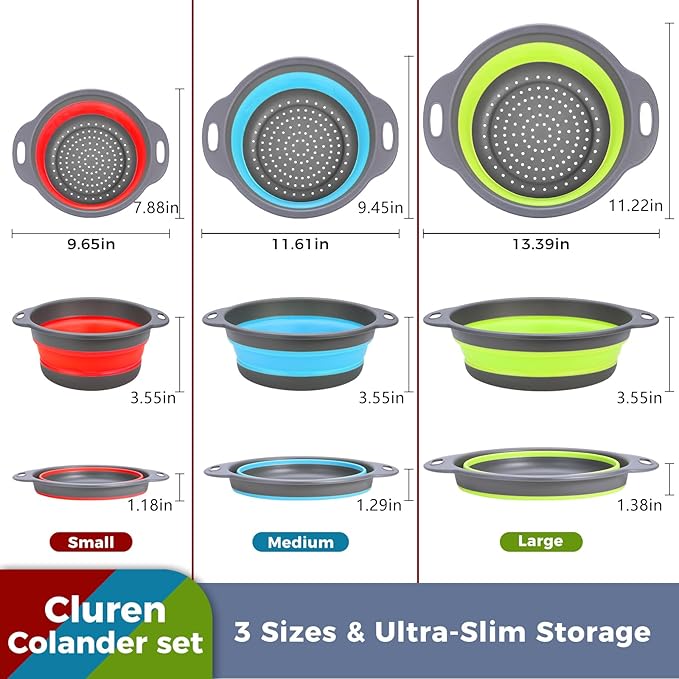 Collapsible Colander Set with Universal Draining Tray | 3-Pack Foldable Kitchen Strainers + Base | Space Saving for Pasta, Veggies, Fruit & Rice | 5 Colors (Gray-Blue-Red-Green)