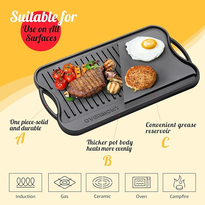 Overmont Pre-seasoned 17x9.8" Cast Iron Reversible Griddle Grill Pan with handles for Gas Stovetop Open Fire Oven, One tray, Scrapers Included