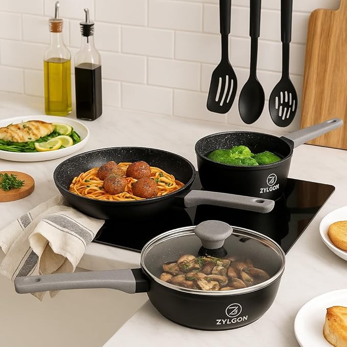 15-Piece Nonstick Cookware Set, Pots and Pans with Ceramic Coating, PFOA Free, Induction Ready with Stay-Cool Handles, Dishwasher Safe, Works with All Stovetops, Black/Grey Speckle