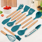 Kitchen Utensils Set of 12, E-far Silicone Cooking Utensils with Holder, Non-stick Cookware Friendly & Heat Resistant, Includes Spatula Tong Whisk Ladle Brush Slotted Turner Spoon(Teal Blue)