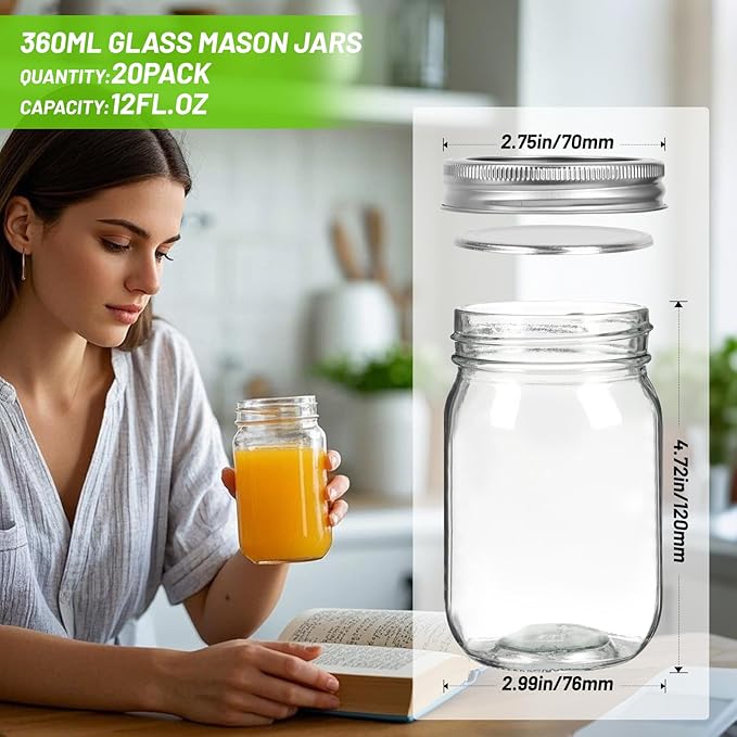 12 oz Glass Mason Jars With Lids 20 Pack,Reusable 350ml Round Canning Jars With Silver Separable Lids for Jam,Fruits Storage,Honey,Beverages and Wedding Favors(12 fl. oz, Set of 20)