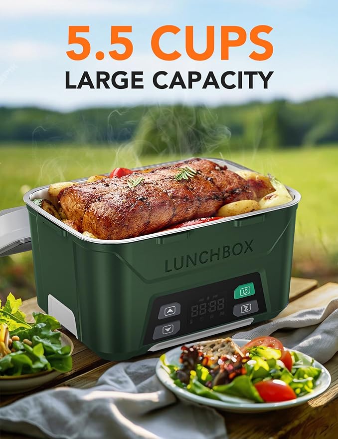EAST OAK Cordless Electric Lunch Box for Adults, Heated Lunch Box Battery Powered with Automatic Heating, 5.5 Cups Portable Food Warmer with Removable Tray Divider