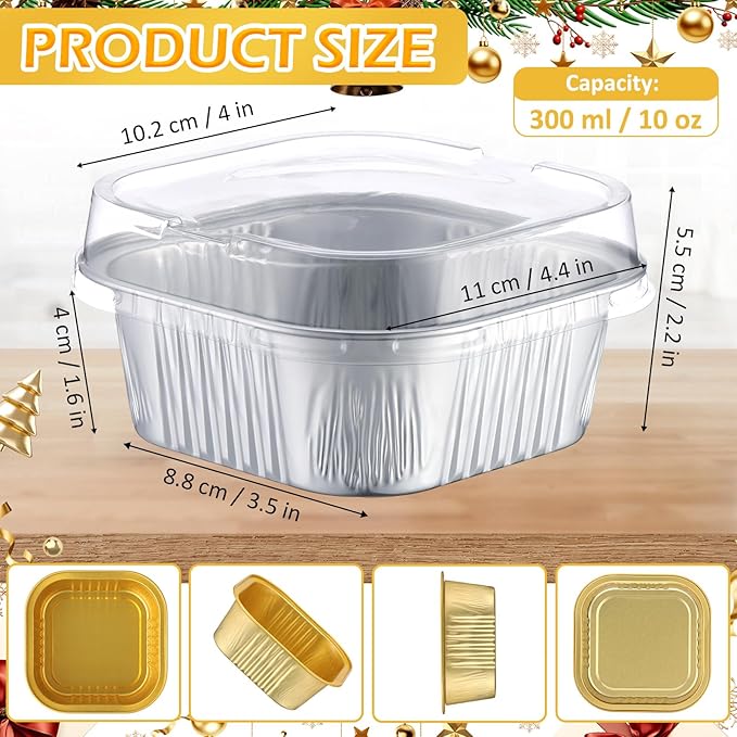 Aoriher 150 Pieces 10 oz Mini Cake Pans with Lids Aluminum Foil Baking Cups Square Disposable 4 x 4 Large Cupcake Cups Baking Tins for Kitchen Brownie Pudding Desserts Holders(All Golden,All Silver)