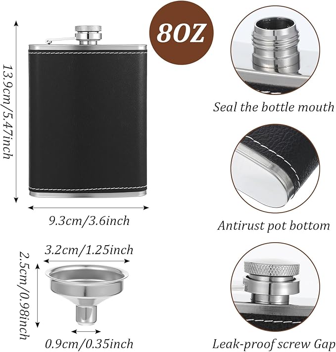 6 Set 8 oz Leather Hip Flasks for Liquor for Men Leak Proof Stainless Steel Drinking Flasks with Funnel Soft Wrap Whiskey Vessels for Wedding Bridesmaid Christmas Gifts (Black)