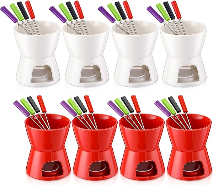 Mudder 8 Pcs Mini Fondue Pot Set with 32 Color Coded Forks Porcelain Tea Light Melting Mugs for Chocolate Cheese Dessert Small Fondue Pot Set for Christmas Valentine's Tapas Gifting (Red White)