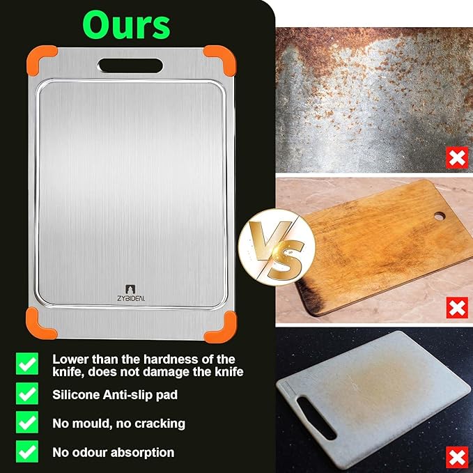 100% Pure Titanium Cutting Board with Grooves, Update Double Side Titanium Chopping Board, Silicone Anti-slip Stainless Cutting Boards for Kitchen 11 * 15 IN, Orange