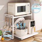 2-Tier Microwave Rack - Height Adjustable & Extendable Kitchen Shelf with Drawer - Carbon Steel - Includes Hooks & Reinforcement Suction Cups - Easy Assembly (White)