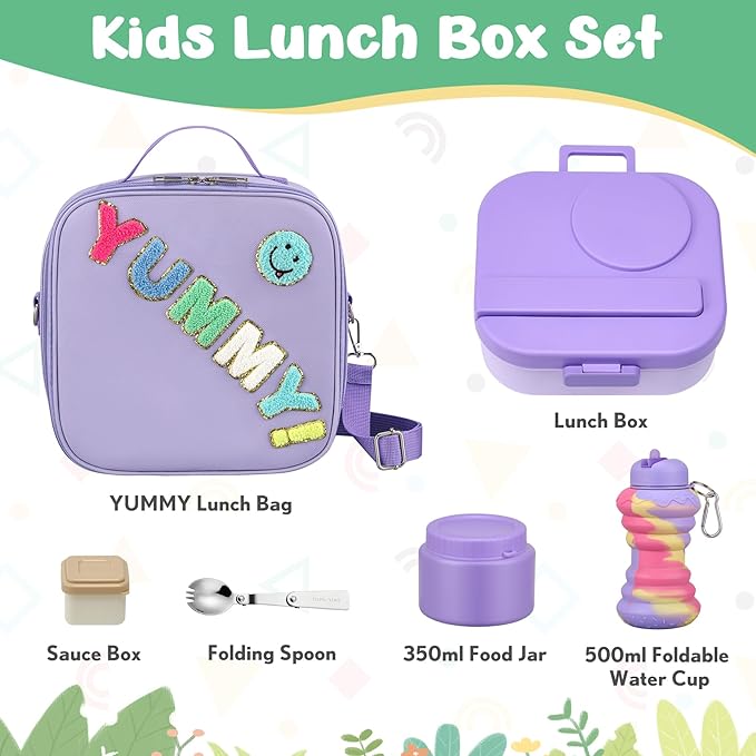 Kids Bento Lunch Box with 12oz Soup Thermo, Kids Leakproof Lunch Food Container with 4 Compartments, Insulated Lunch Bag & Water Cup for Girls Boys to School Travel