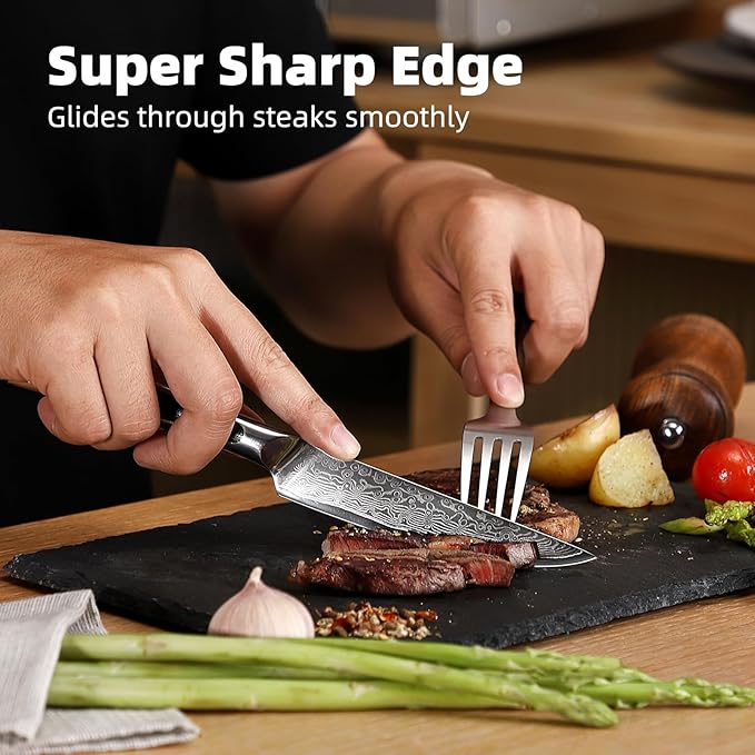 Sunnecko Damascus Steak Knives Set of 6 Non Serrated, Japanese VG10 Stainless Steel Steak knives Dishwasher Safe, 5 Inch Steak Knives G10 Handle with Wood Gift Box
