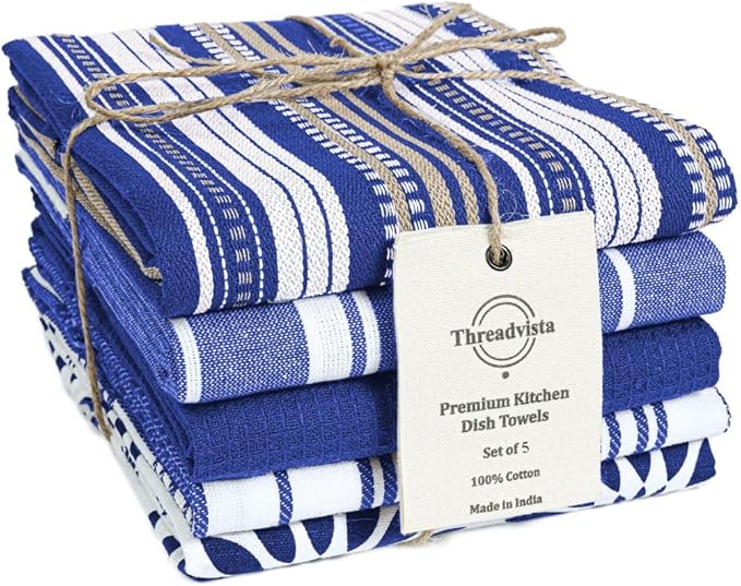 Assorted Kitchen Towels Large 16x26 Inch 100% Cotton Set of 5 - Dish Cloths Towels with Hanging Loop - Soft Absorbent Washable Tea Towels for Kitchen - Quick Drying Dish Towels Navy Blue