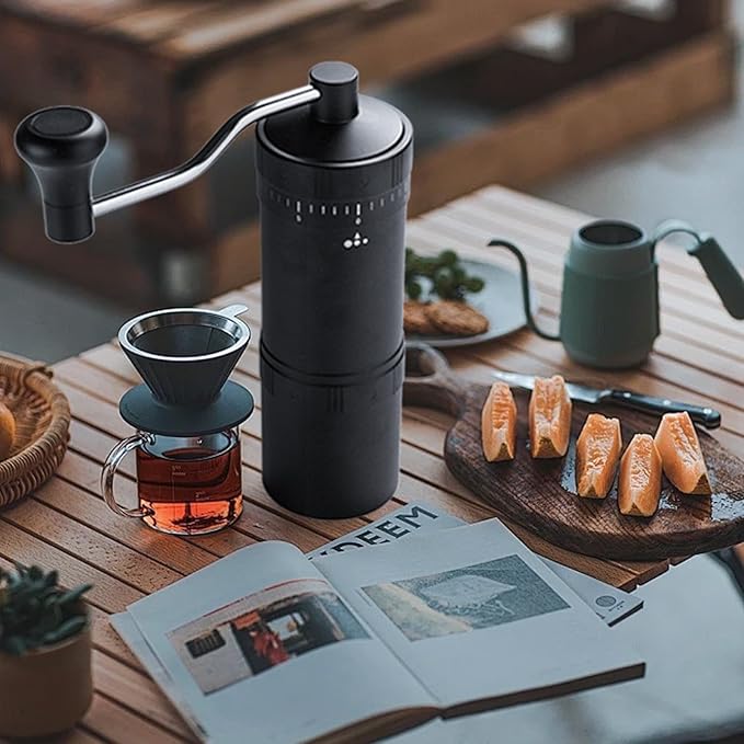 Manual Coffee Grinder with 7 Star Stainless Steel Conical Burr, Portable Coffee Grinder with External Adjustable Grind Setting (Black)