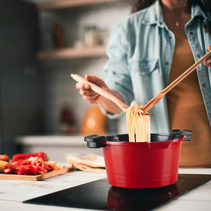 ACTIV CUISINE 8.5qt Pasta Pot with Strainer Lid, Cast Aluminum Stockpot Multipot, Nonstick Ceramic Coating make Cleanup easy with Tempered Glass Lid, Dishwasher Safe, Induction, Red