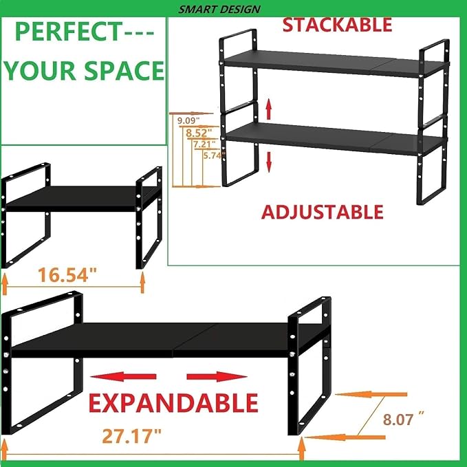 Expandable Stackable Spice Rack Cabinet Shelf Organizer in Cabinets Shelves Kitchen Cupboard Organization Stack up Racks Pantry Countertop Storage Medium/Black 1 Pack