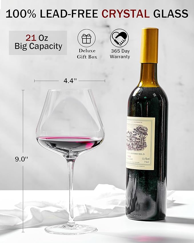 JBHO Hand Blown Italian Style Crystal Burgundy Wine Glasses - Lead-Free Premium Crystal Clear Glass - Set of 2-21 Ounce - Gift-Box for any Occasion