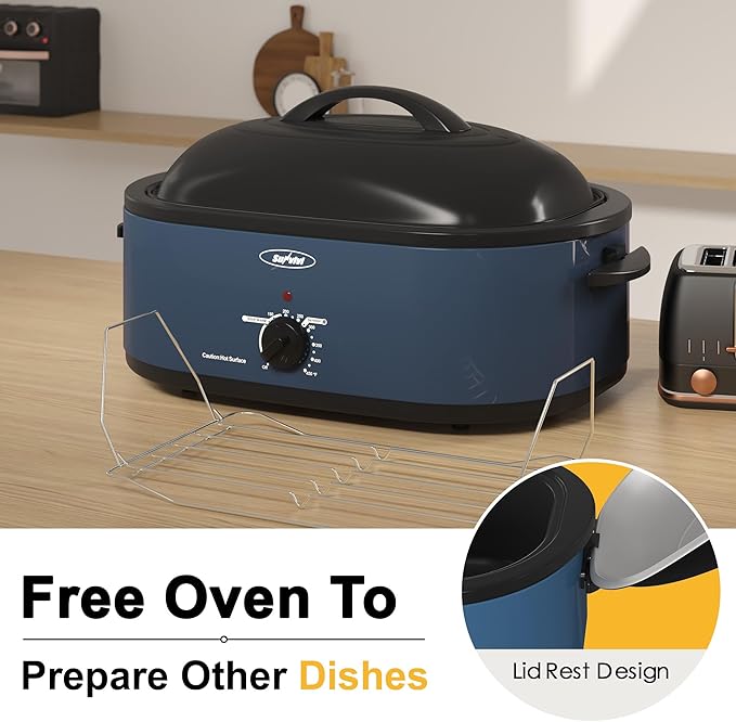 Sunvivi Electric Roaster Oven with Self-Basting Lid, 24lb 20-Quart Turkey Roaster, Unique Defrost/Warm Function, Large Roaster with Removable Pan & Rack, Stainless Steel, Blue