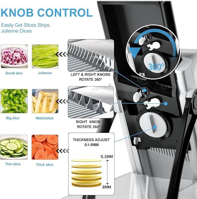 Upgrade Safe Mandoline Slicer for Kitchen, 5 in 1 Vegetable Chopper, Mandolin Potato Slicer with Thickness Adjuster, French Fry Cutter, Veggie Dicer Faster Kitchen Slicer for Meal Prep Black