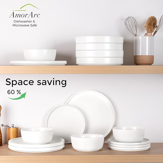 AmorArc Stoneware Dinnerware Sets for 6,Reactive Ceramic Plates and Bowls Set,Highly Chip and Crack Resistant | Dishwasher & Microwave Safe | Round Dishes Set Service for 6 (18pc),Matte White