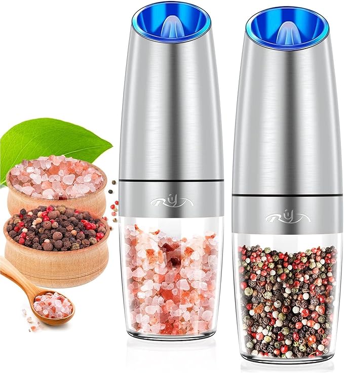 Rongyuxuan Gravity Electri Salt and Pepper Mill Set,Pepper Grinder with Ceramic Rotor,Acrylic Container,Stainless Steel Middle,Blue LED Light,Battery Powered,Adjustable Coarseness,One Hand Use,Sliver