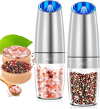 Rongyuxuan Gravity Electri Salt and Pepper Mill Set,Pepper Grinder with Ceramic Rotor,Acrylic Container,Stainless Steel Middle,Blue LED Light,Battery Powered,Adjustable Coarseness,One Hand Use,Sliver