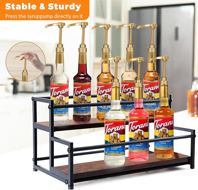 Coffee Syrup Rack Organizer - 2-Tier 10 Syrup Bottles Holder for Coffee Bar, Liquor Bottle Display Shelf - Rustic Kitchen Cabinet for Spices, Jars - Stepped Pantry Shelf for Syrup, Wine, Tea & Coffee