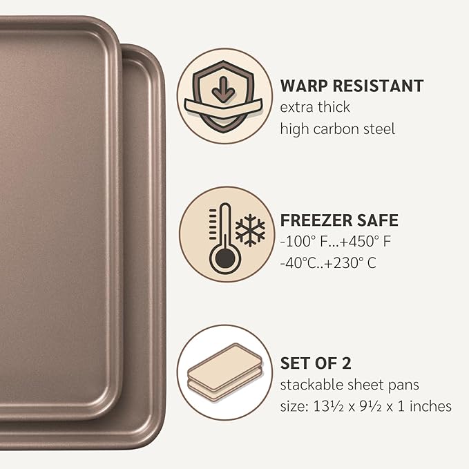 Nonstick 9x13 inch Quarter Baking Sheet Set of 2 | PFOA & BPA Free Non Toxic 13x9 inches Cookie Sheets | Best Non stick Cooking Pans, Small Tray for Toaster Oven | Nontoxic Baking Pan 9 x 13