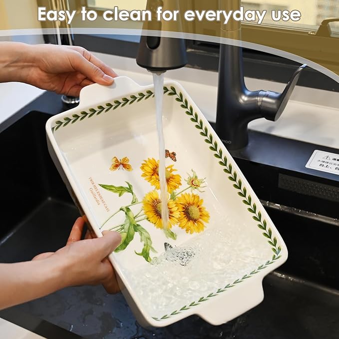 ACMLIFE Ceramic Casserole Dish for Oven, Floral Baking Dishes for Oven Lasagna Pan, Large Baking Dish with Handles, Durable and Oven Safe Pan, for Roasting and Baking, Gift Packaging 2 Pcs Set(13"x8"+10.3"x6.3") (Sunflower)
