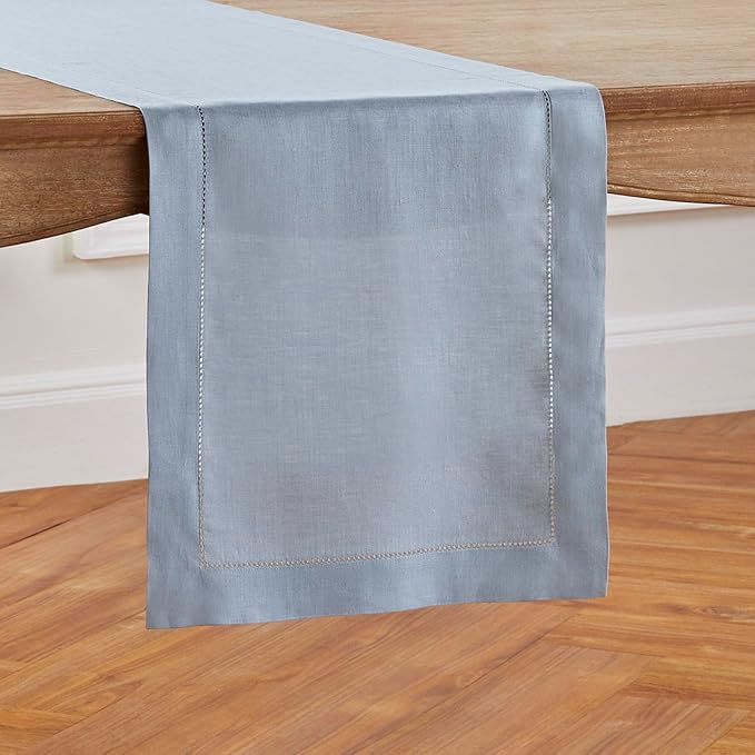 Solino Home Linen Dusty Blue Table Runner 60 Inches - Classic Hemstitch, 100% Pure Linen Coffee Table Runner 14 x 60 Inch Ideal for Dresser Tables - Summer, Fall, Autumn, Halloween