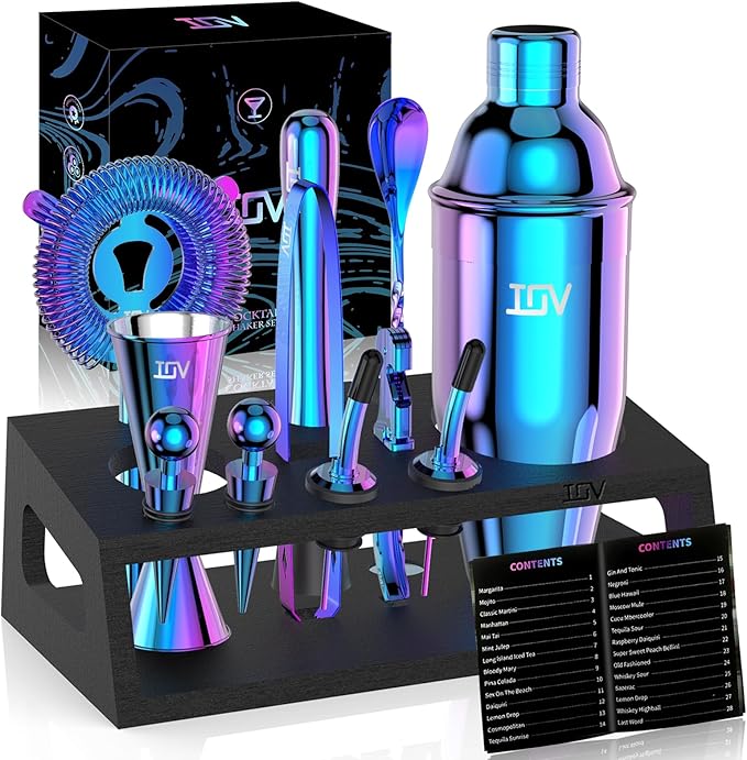 IOV Mixology Bartender Kit with Stand | 12-Piece Cocktail Shaker Set | 24oz Martini Shaker Set for Drink Mixing | Bar Set Includes All Bar Tools and Recipe Booklet | Fun Housewarming Gift (Rainbow)