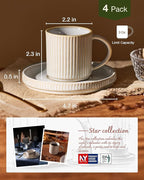 famiware Star Espresso Cups and Saucers Set of 4, [ Mini ] 3 oz Ceramic Small Coffee Mug with Handle, Ribbed Stoneware Demitasse Cup for Tea, Latte - Microwave & Dishwasher Safe - Cappuccino White