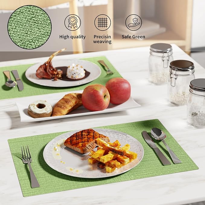 Cloth Placemats, Set of 4 Heat-Resistant Cotton Linen Blend Double Layered Machine Washable Place Mats, Wrinkle Free Thick Fabric Dining Table Mats for Indoors & Outdoors (Grass Green, 4)