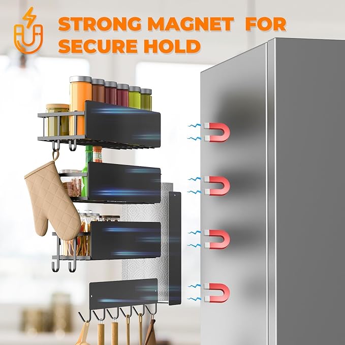 5 Pack Multifunctional Magnetic Shelves for Refrigerator Spice Rack & Washing Machine Organize, Include Paper Towel Holder, Kitchen Utensil Hanger and Hooks, Strong Magnet for Secure Hold (Black)