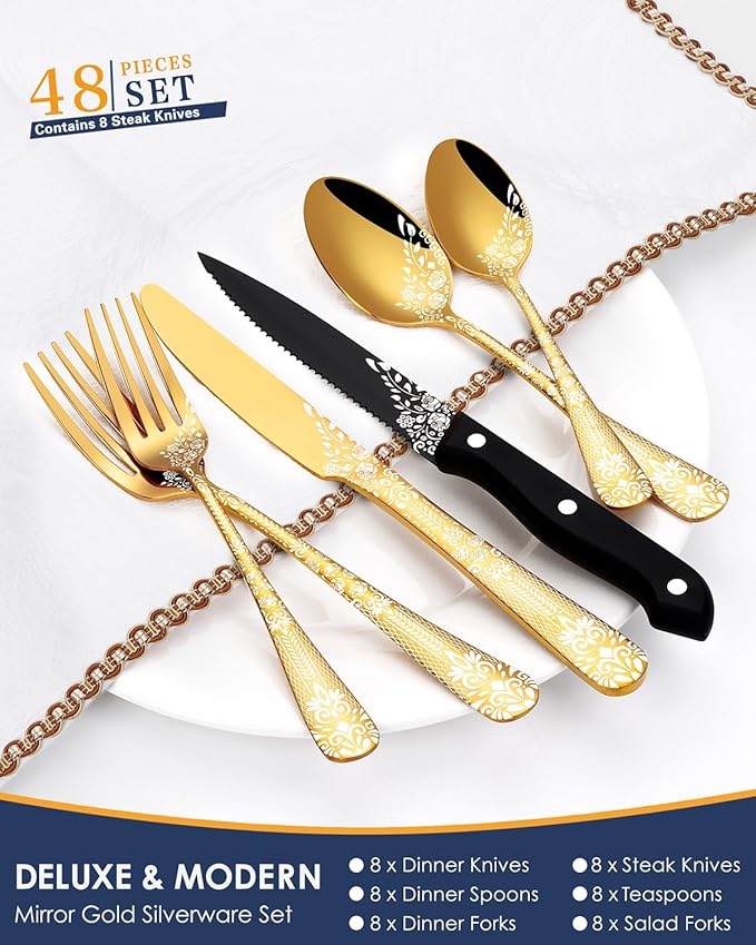 EUIRIO 48-Piece Gold Silverware Set with Steak Knives, Gold Flatware Set for 8, Stainless Steel Cutlery, Knives, Forks and Spoons, Unique Pattern Design, Mirror Polish, Dishwasher Safe