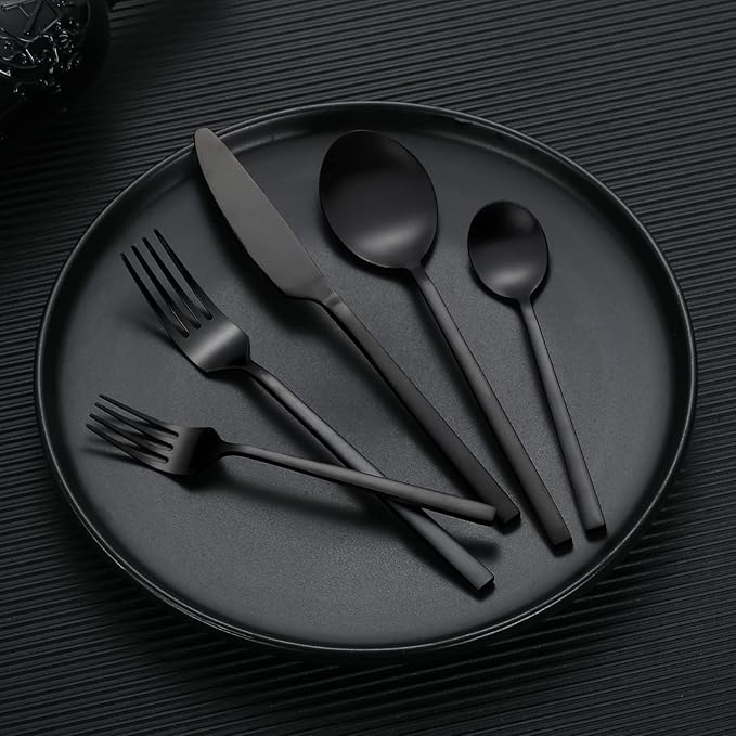 40-Piece Black Silverware Set, Rectangular Flatware Set for 8, Matte Polished Stainless Steel Cutlery Set, Food-Grade Utensils Set, for Home Kitchen Restaurant, Dishwasher Safe