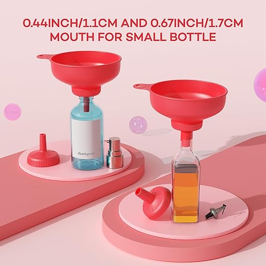 Pisol Wide Mouth Versatile Funnel, Canning Funnels for Kitchen Use, Food Grade Plastic Cooking Funnel Set with 4 Size Spouts and 2 Strainers for Filling Different Bottles and Bags, Red