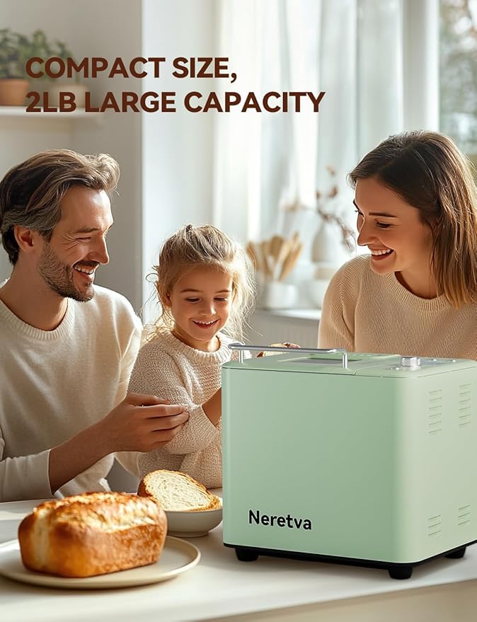 Neretva Bread Maker, 20-in-1 2LB Bread Machine Dual Heater & Nonstick Ceramic Pan Bread Makers Machine All Metal Compact for Gluten Free/Dough Maker/Meat Floss/Jam/Yogurt/Breadmaker Recipe-Light Green