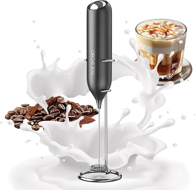 CIRCLE JOY Milk Frother Hanheld with Stand, Electric Coffee Frother, Battery Operated Hand Frother Wand Drink Mixer Mini Foamer for Matcha Lattes Cappuccino, Kitchen Gifts, Black