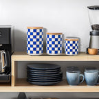 Kitchen countertop ceramic grid pattern airtight jar set - a set of 3 kitchen jars with layered shelves, sealed countertop flour and sugar containers, coffee and tea storage (Blue)