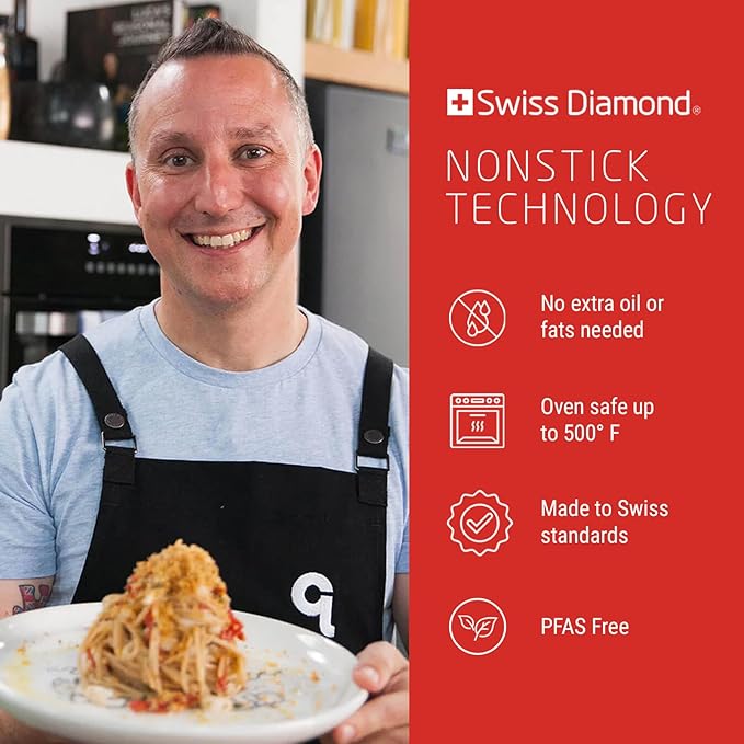 Swiss Diamond Nonstick Saute Pan with Lid, Diamond Coated Aluminum Deep Saute Pan with Lid Features Stainless Steel Handle, Dishwasher & Oven Safe Up To 500 °F, 9.5 Inch, 3.2 Quart