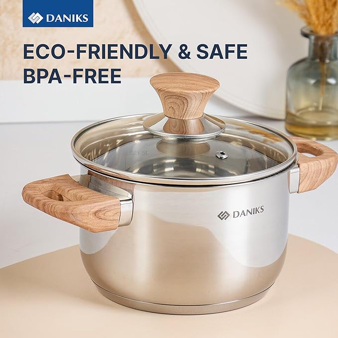 Daniks Oslo 10-Piece Stainless Steel Induction Cookware Set – Dishwasher Safe Saucepan, Frying Pan, Pots with Stay-Cool Handles, Glass Lids, Silver