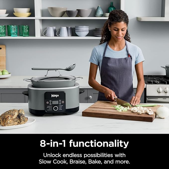 Ninja Foodi PossibleCooker PRO MC1000 8.5Qt Multicooker 8 in 1 Slow Cooker, Dutch Oven, Steam Bake Roast Sear Sauté Bread Maker Warmer, Glass Lid, Integrated Spoon, Nonstick (Gray)