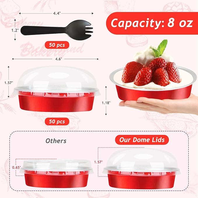 LNYZQUS 8oz Mini Cake Pans 4” Pie Tins with Lids 50 Pack, Disposable Aluminum Foil Baking Pans Dishes,Small Creme Brulee Tart Ramekins Individual Mini Pie Contaniers for Christmas-Red