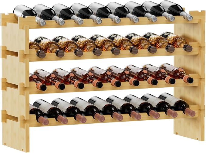Bambloom Wine Rack Freestanding Floor, Stackable Wine Bottle Storage, Wooden Free Standing Wine Stand Organizer for Kitchen,Cellar. 36 Bottles Wine Holder Display Shelves for Champagne(Bamboo)