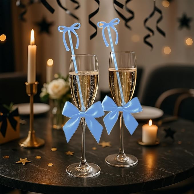 30 Pcs 6 Inch Bow Drink Stirrers, Bow Stir Sticks Coffee Stirrers Reusable Plastic Swizzle Sticks for Wedding Birthday Bridal Cocktail Decorations Supplies(Blue)