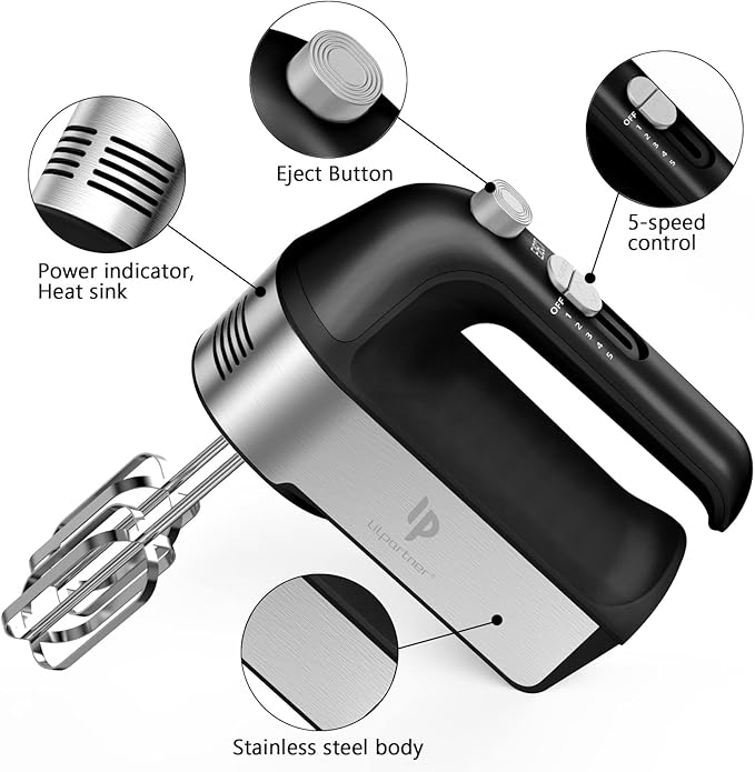 Hand Mixer Electric, 450W Kitchen Mixers with Scale Cup Storage Case, Turbo Boost/Self-Control Speed + 5 Speed + Eject Button + 5 Stainless Steel Accessories, For Easy Whipping Dough,Cream,Cake