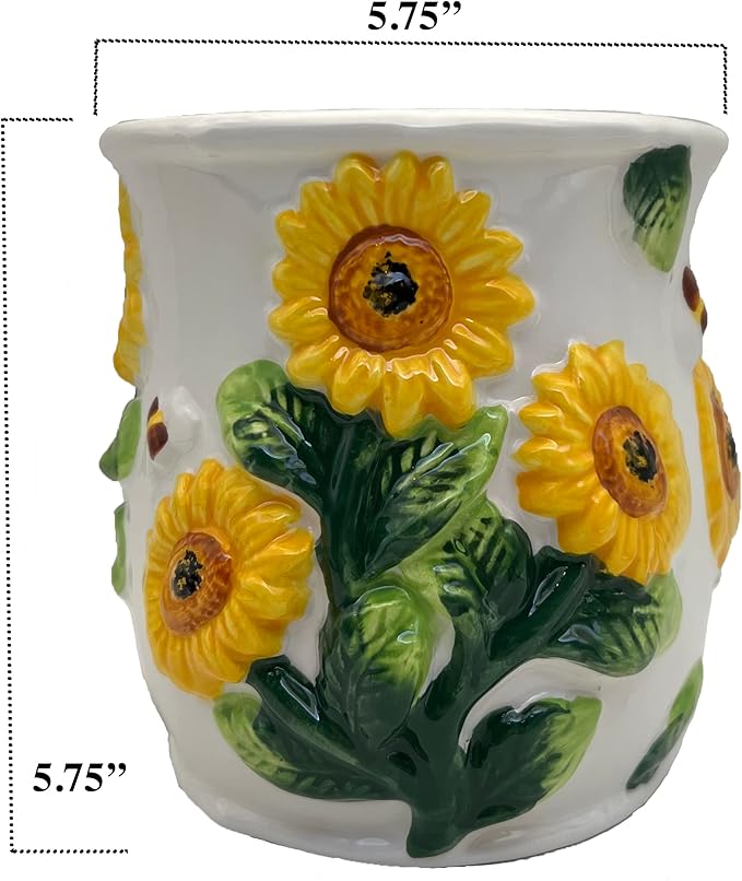 ACK Utensil Holder, Utensil Crock, Modern Kitchen Decor, Kitchen Storage (3D Sunflower)
